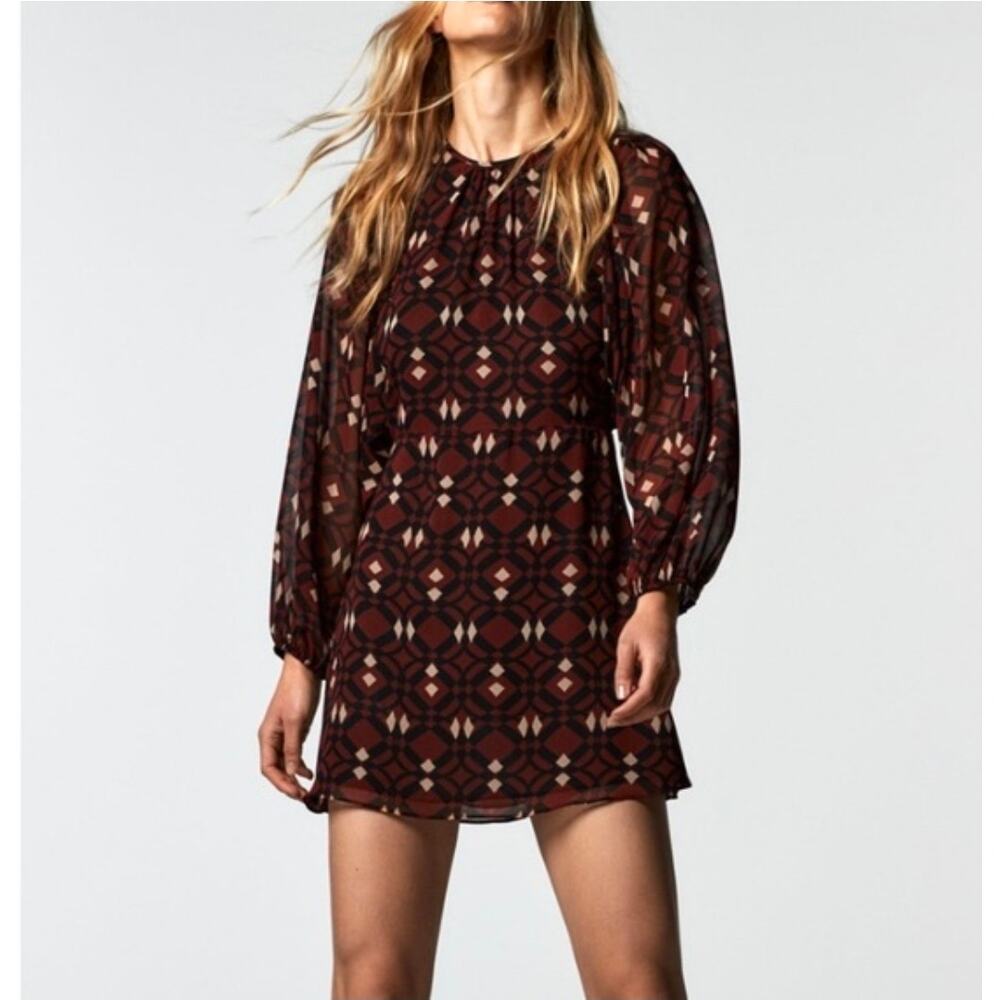 NWT Zara The Sadie Dress Geometric Balloon Sleeve Mini Retro Dress Large